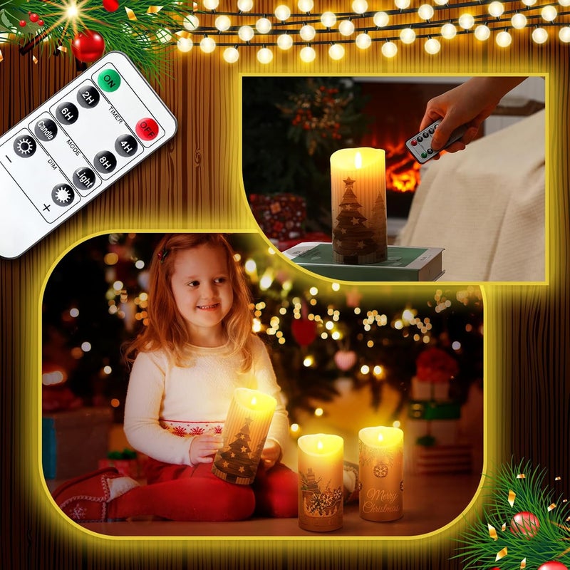 ROCEEI Store 3 Pcs Christmas Flameless Candles Winter Farmhouse Style Battery Operated LED Candles Christmas Rustic Pillar Flickering Real Wax Decorations for Indoor Table Decor Xmas Gifts Holiday Party - Image 4